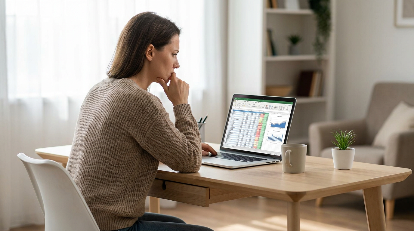 Person looking at a budget spreadsheet on a laptop, contemplating expenses