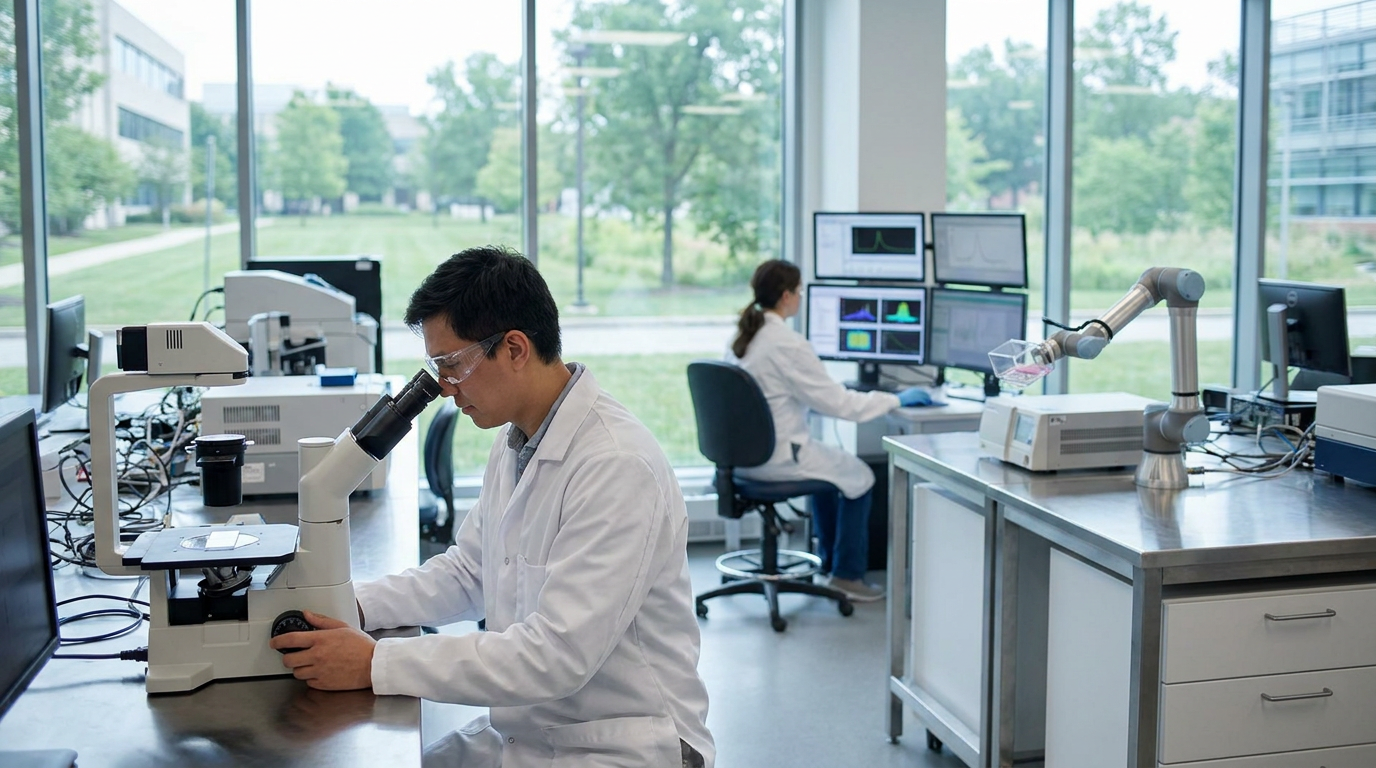Scientists in a futuristic lab conducting research and development for next-generation oral nicotine products.