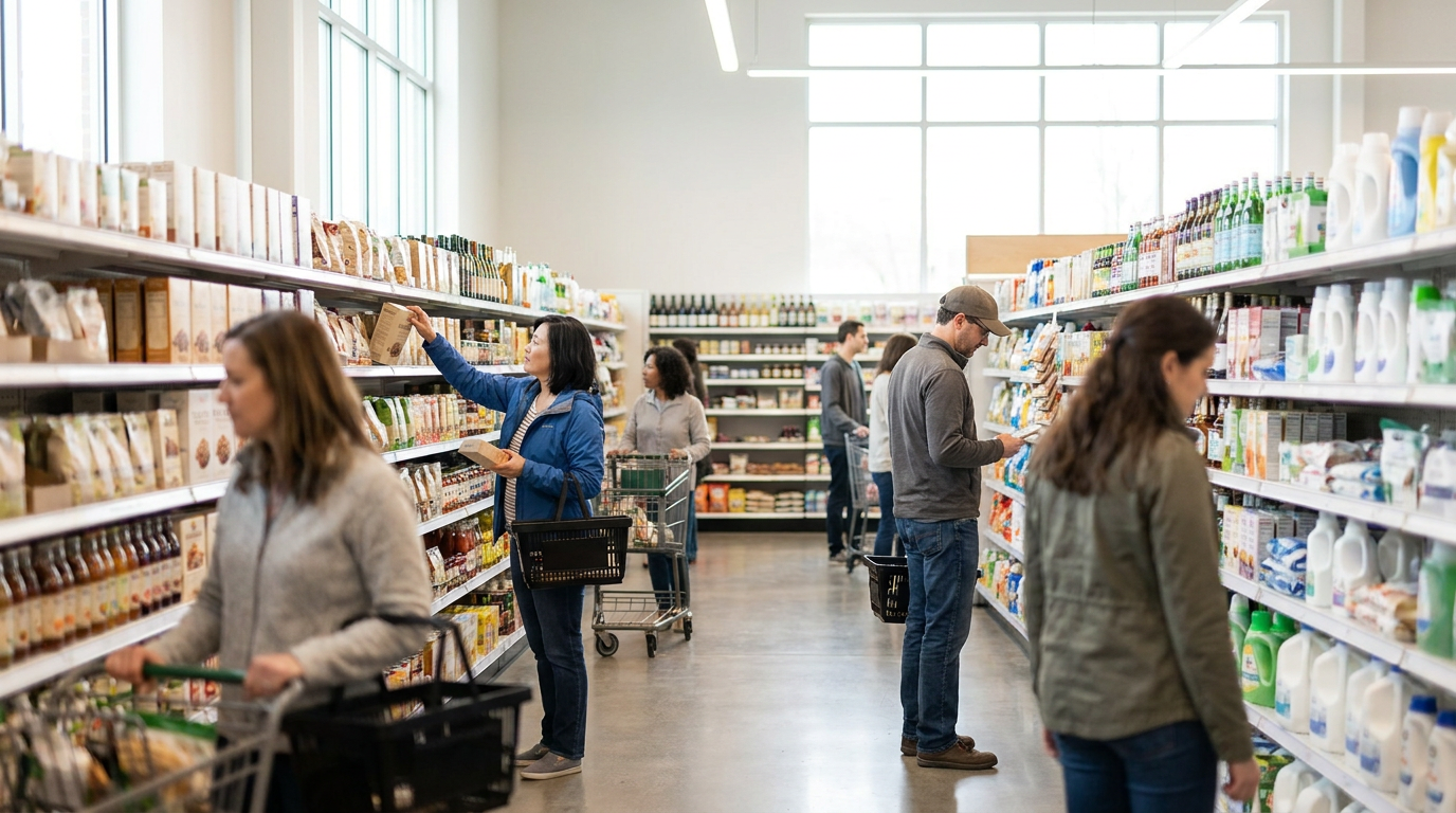 Diverse consumers browsing a well-stocked retail display, representing market penetration and widespread availability of nicotine pouches.